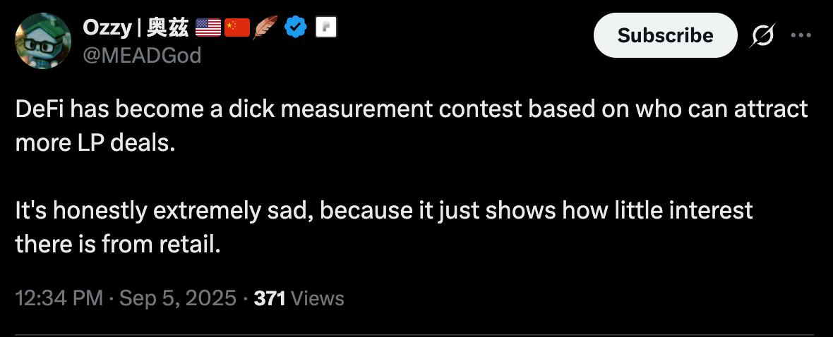 Ozzy tweet screenshot: DeFi has become a dick measurement contest based on who can attract more LP deals.